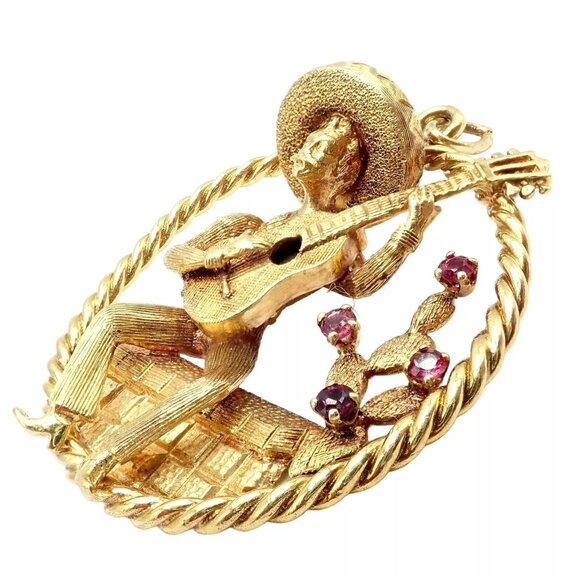 Authentic! Rudi Cherny 18k Yellow Gold Guitar Player Cactus Ruby Pendant - Picture 12 of 13